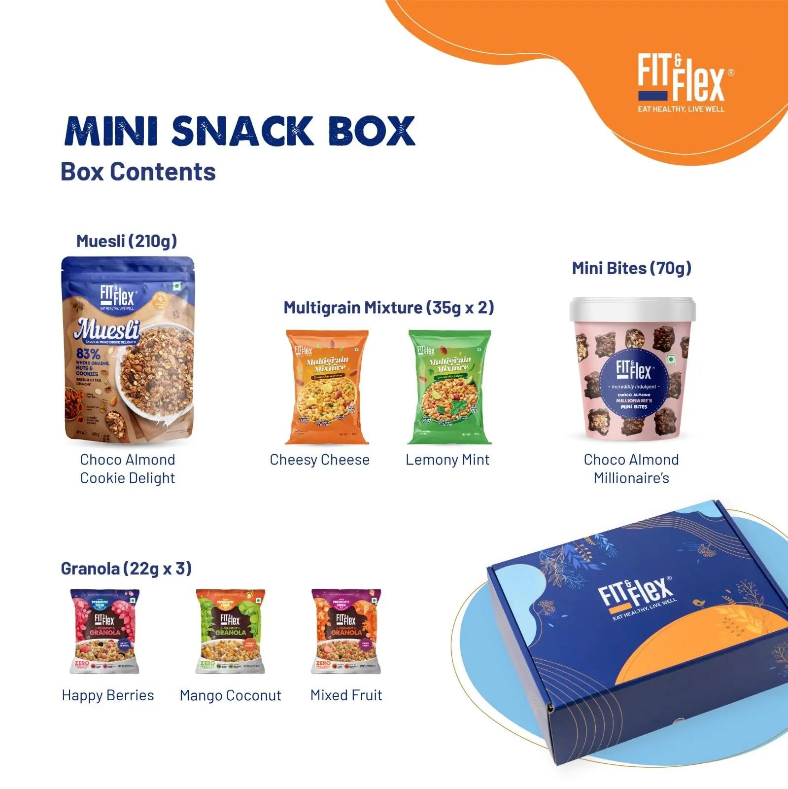 Fit & Flex Healthy Gift Box Assorted Pack of Premium Snacks (Granola, Muesli, Chocolates & Namkeen) - As Seen on Shark Tank India - Pack of 7