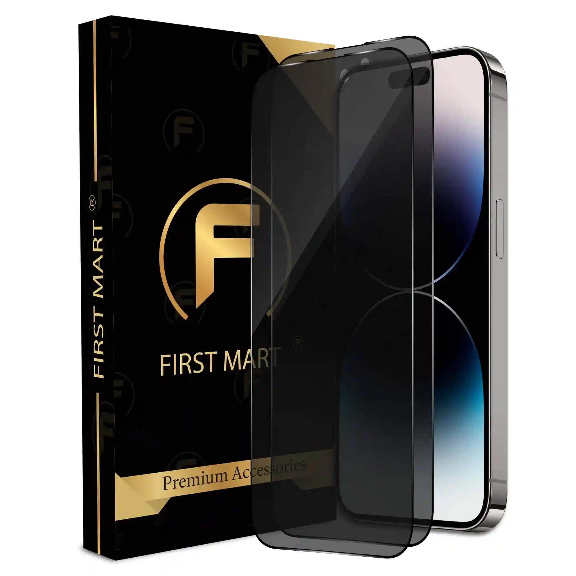 FIRST MART Edge to Edge Privacy Tempered Glass for iPhone 14 Pro Max Full Screen Coverage with Easy Installation Kit, 2 Pack Black Glossy AntiSpy Glass