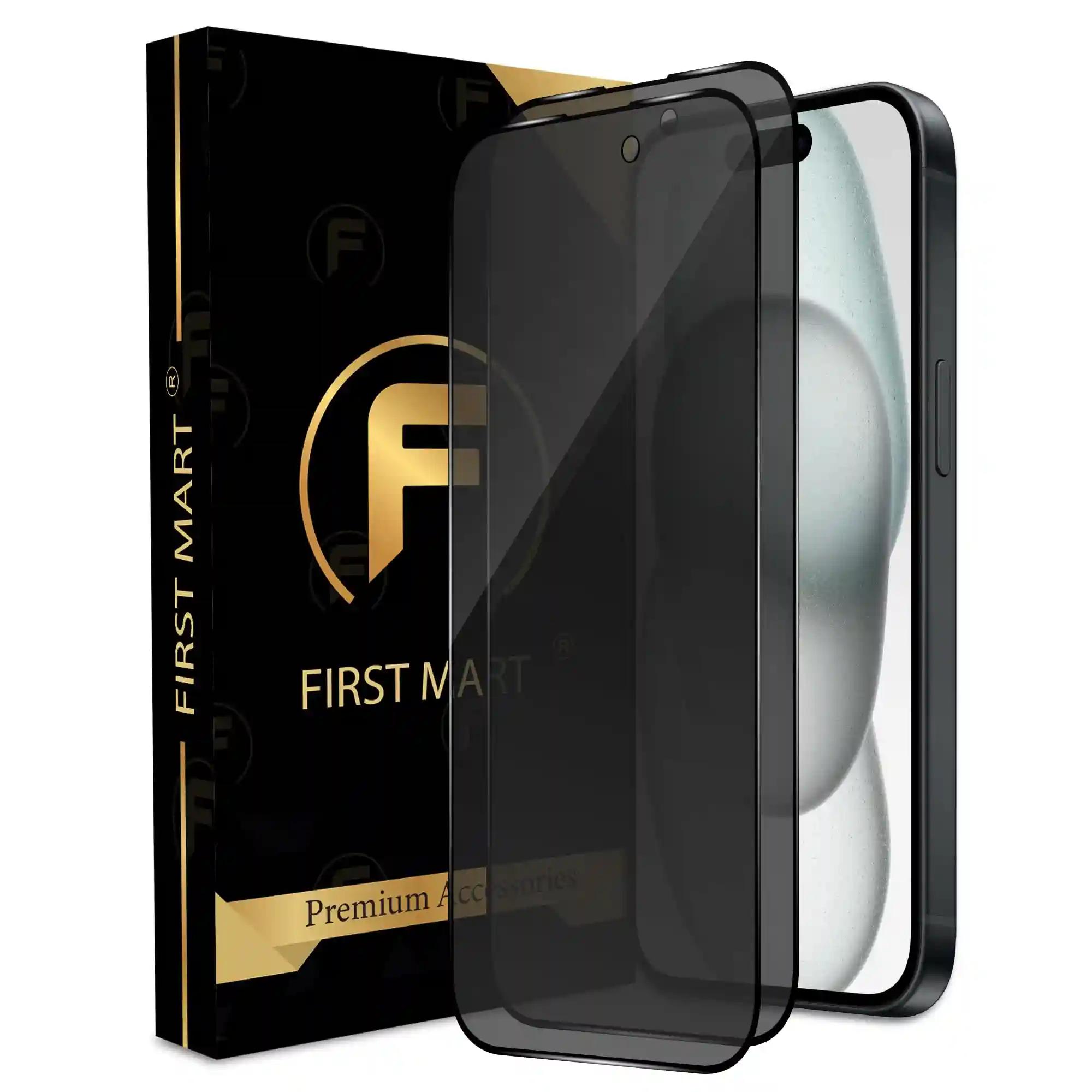 FIRST MART Edge to Edge Privacy Tempered Glass for iPhone 15 Full Screen Coverage with Easy Installation Kit, 2 Pack Black Glossy AntiSpy Glass