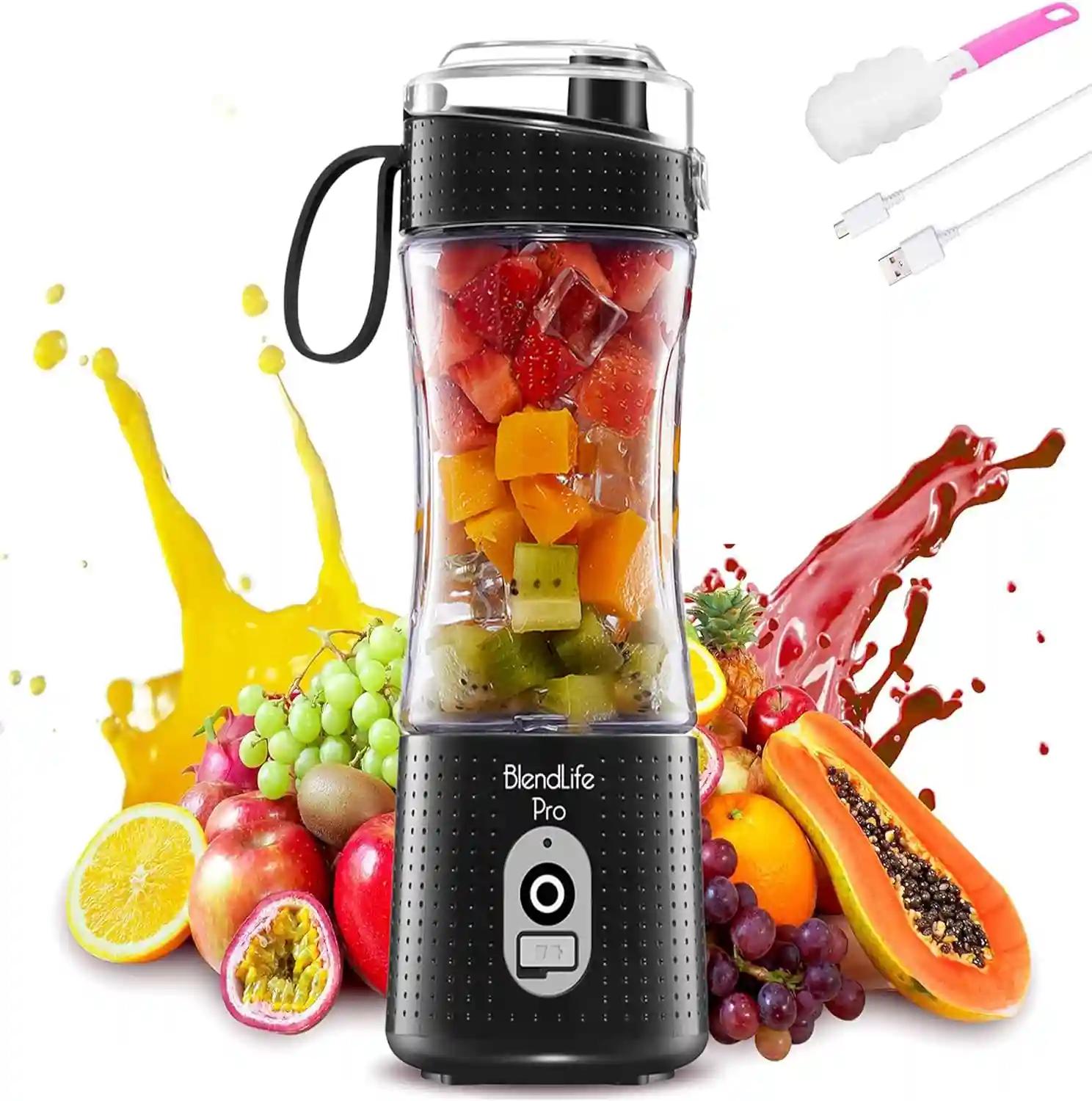 BlendLife Pro Portable Blender With Sipper for Juices, Shakes, Baby Food, Crushes Hard Ingredients, 210 Watts, Motor, 4000mah USB Rechargeable Battery, 400ml Inbuilt Jar and Carry Handle - Black