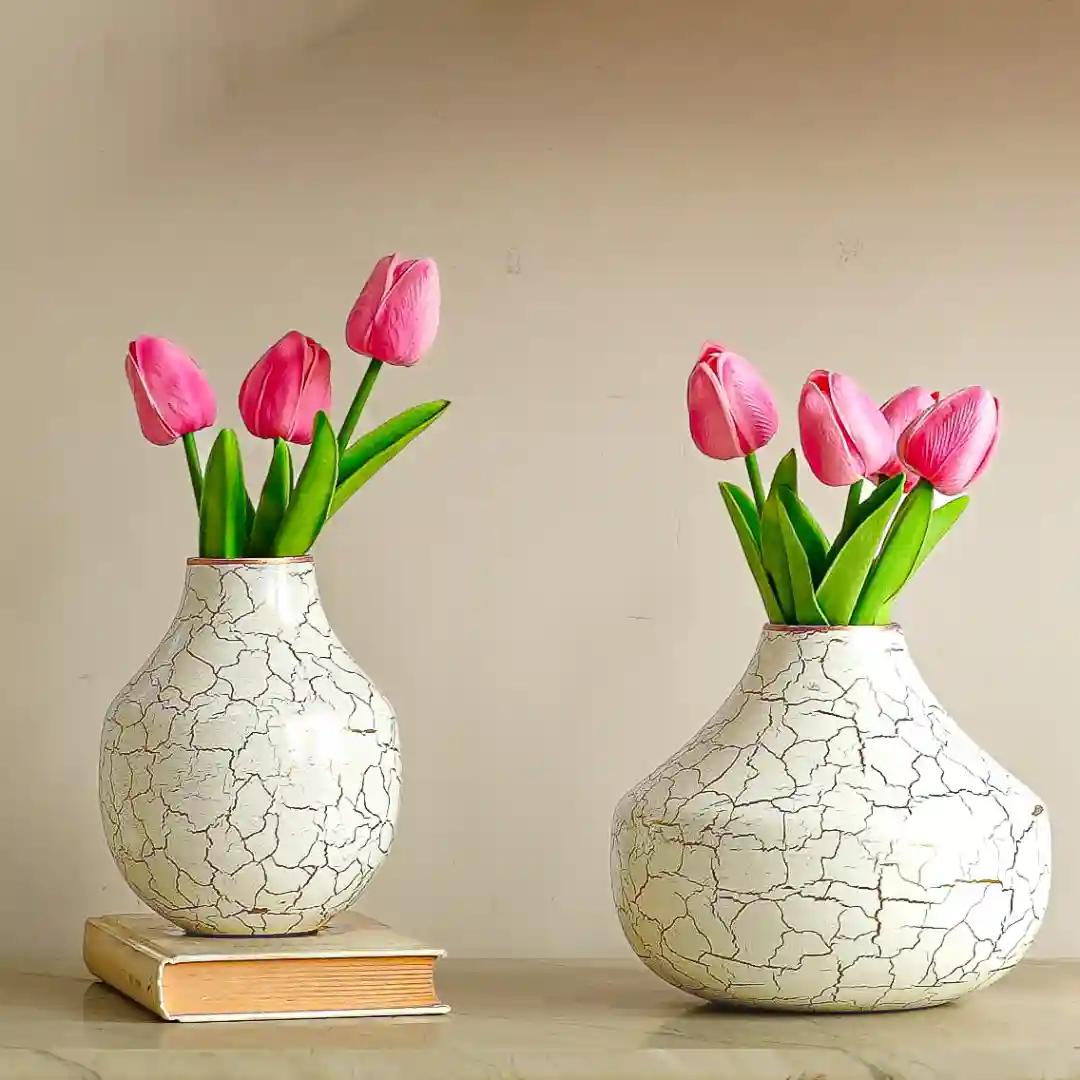 Behoma Metal Flower Vase for Home Decor Bedroom Living Room Office Wedding | Table Decorative Item for Festivals Birthday Off Multicolour Crackled White (Set of 2)