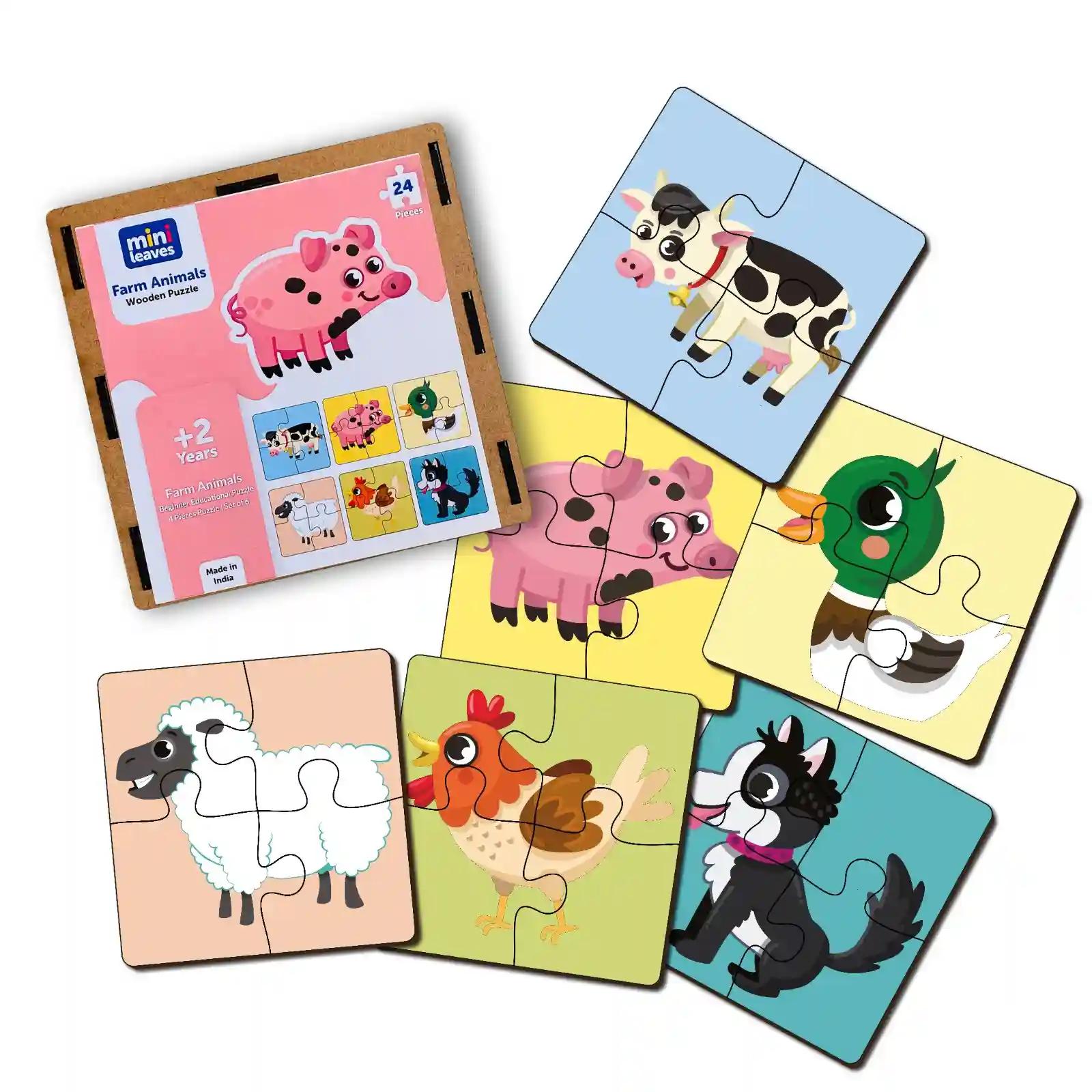 Mini Leaves 4 Piece Farm Animals Wooden Puzzle for Kids