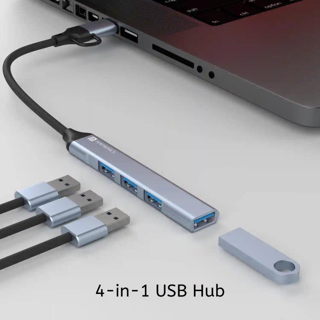 Portronics Mport 31 Pro USB 3.0 Hub (4-in-1) with Type-C & USB Dual Plugs, USB 3.0 SuperSpeed, 3-Port USB 2.0 High-Speed, Up to 5 Gbps Speed, Aluminium Alloy Metal Body, for Laptop, PC, Mac (Grey)