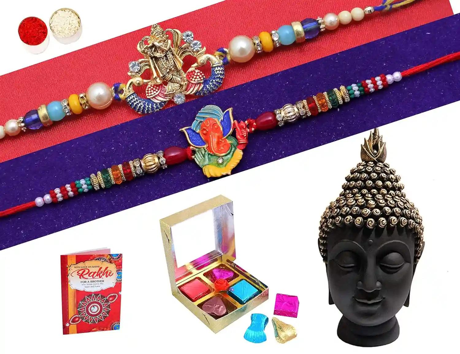 Rakhi Combo Set For Brother With Gift/Raksha Bandhan Gift For Bhaiya Bhabhi/-2 Premium Rakhi+Showpiece Figurine+Chocolate Box+Roli Chawal+Greeting Card Rakhi /Gifts For Brother