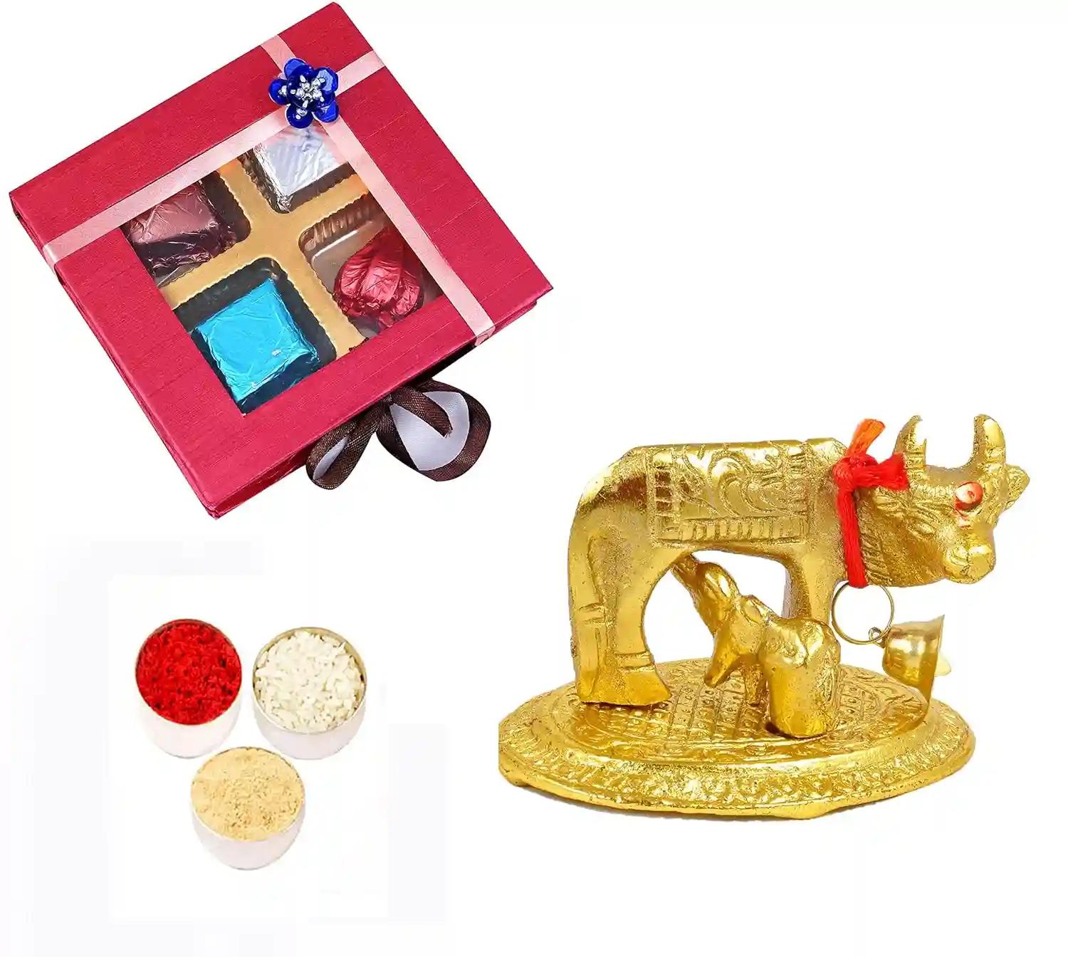 Bhaiya dooj tikka/bhaiya dooj gift for brother/bhaiya dooj tikka with chocolate/bhaiya dooj roli chawal/bhaiya dooj/bhai dooj-Chocolate box+roli chawal chandan+cow and calf decorative showpiece