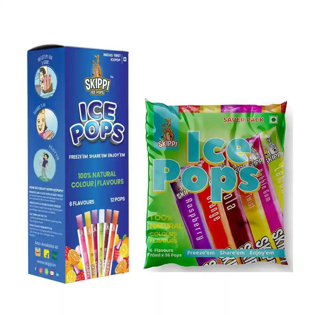 SKIPPI ICE POPS 100% Natural Ice Popsicles (Lemon, Mango, Orange, Raspberry, Bubblegum and Cola - 48 pops)