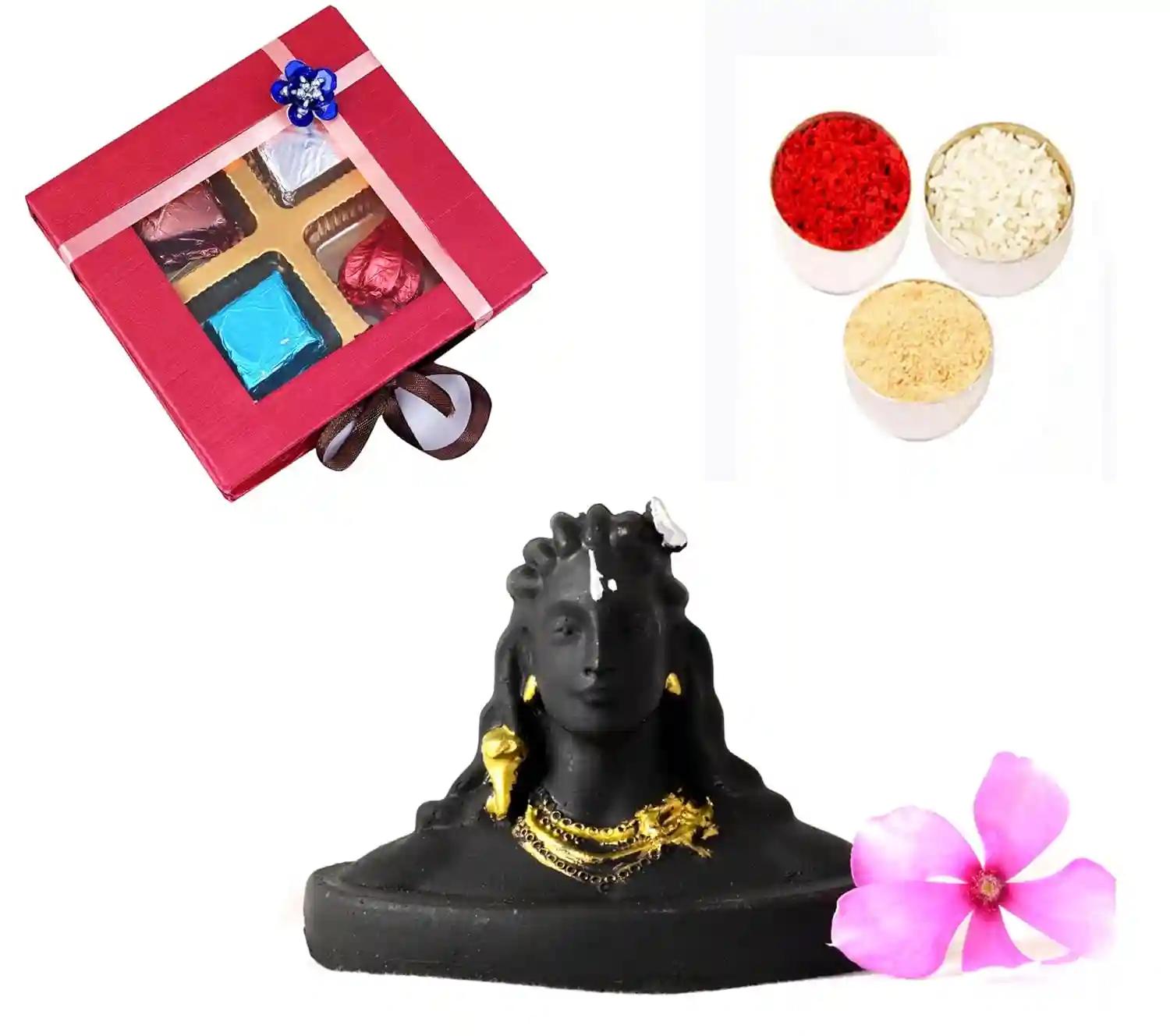 Bhai dooj gift set for brother/bhai dooj gift/bhai dooj roli chawal chandan/bhai dooj chocolate gift hamper-Handcrafted chocolates in a box+Showpiece figurine+roli chawal chandan for tika