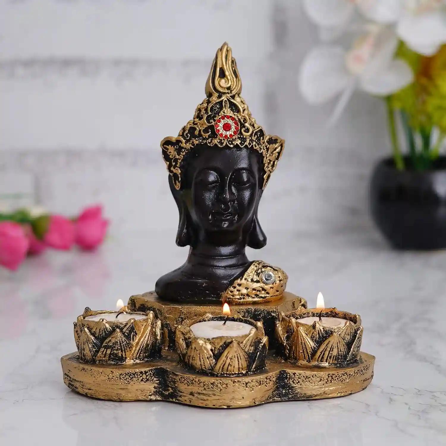 WEBELKART Polyresin Buddha Tealight Candle Holder with Free 3 Tealights Candles| Diwali Decorations Items for Home Decor| Diwali Candle Holder Gold, 7Inch