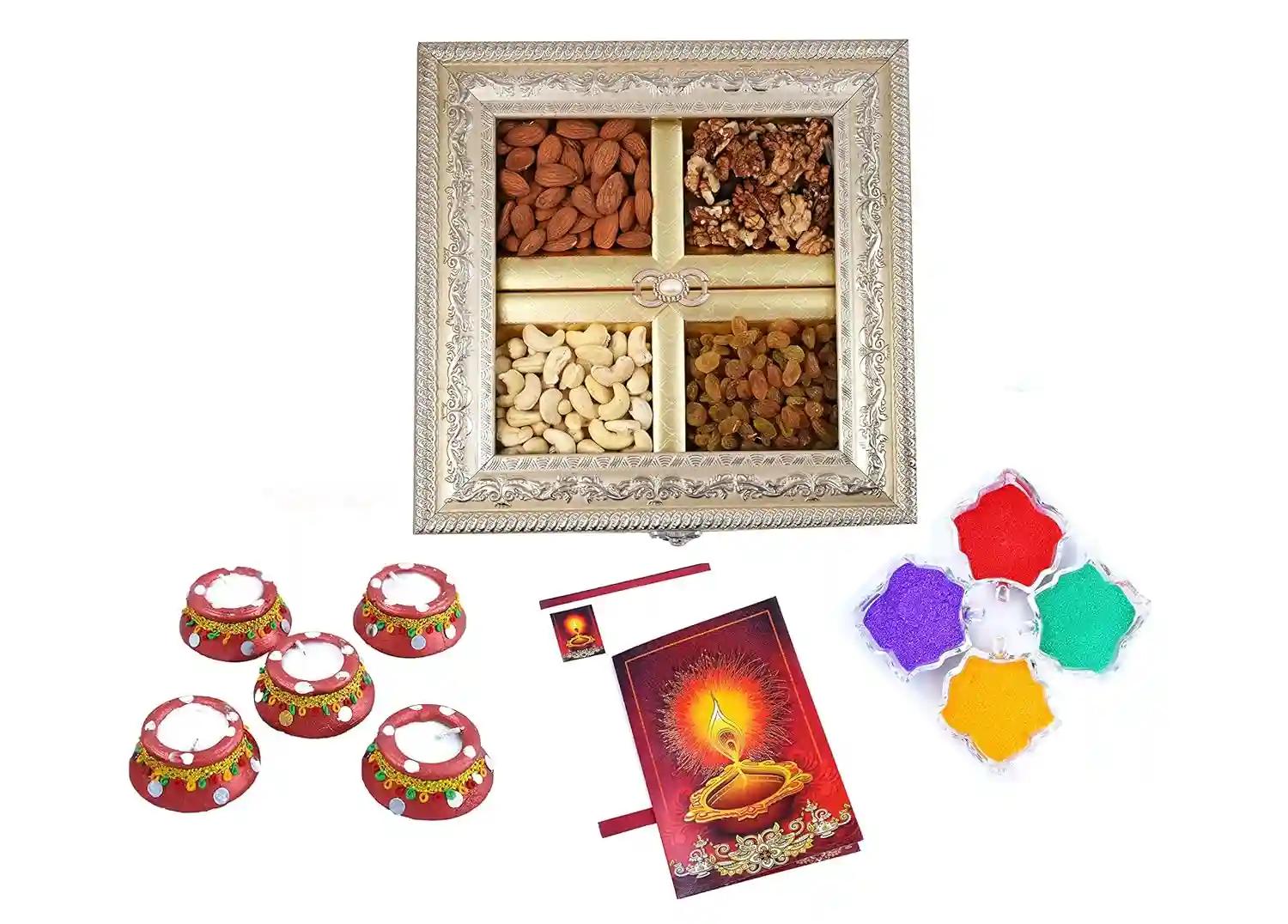 MANTOUSS Diwali Dry Fruit Combo-Cashew,Almond,Walnut and Raisin (100gms Each) 400gms + 2 Matki Wax Filled Diya, Diwali Greeting Card and Rangoli Colours