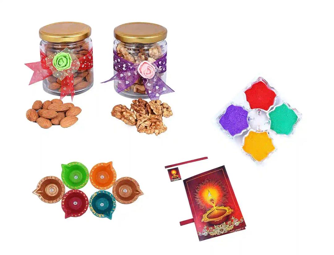 MANTOUSS Diwali Dry Fruit Decorative Glass Jar-Almond and Walnut(100gms Each),200 GMS + 2 Cute diyas, Rangoli Colours and Diwali Greeting