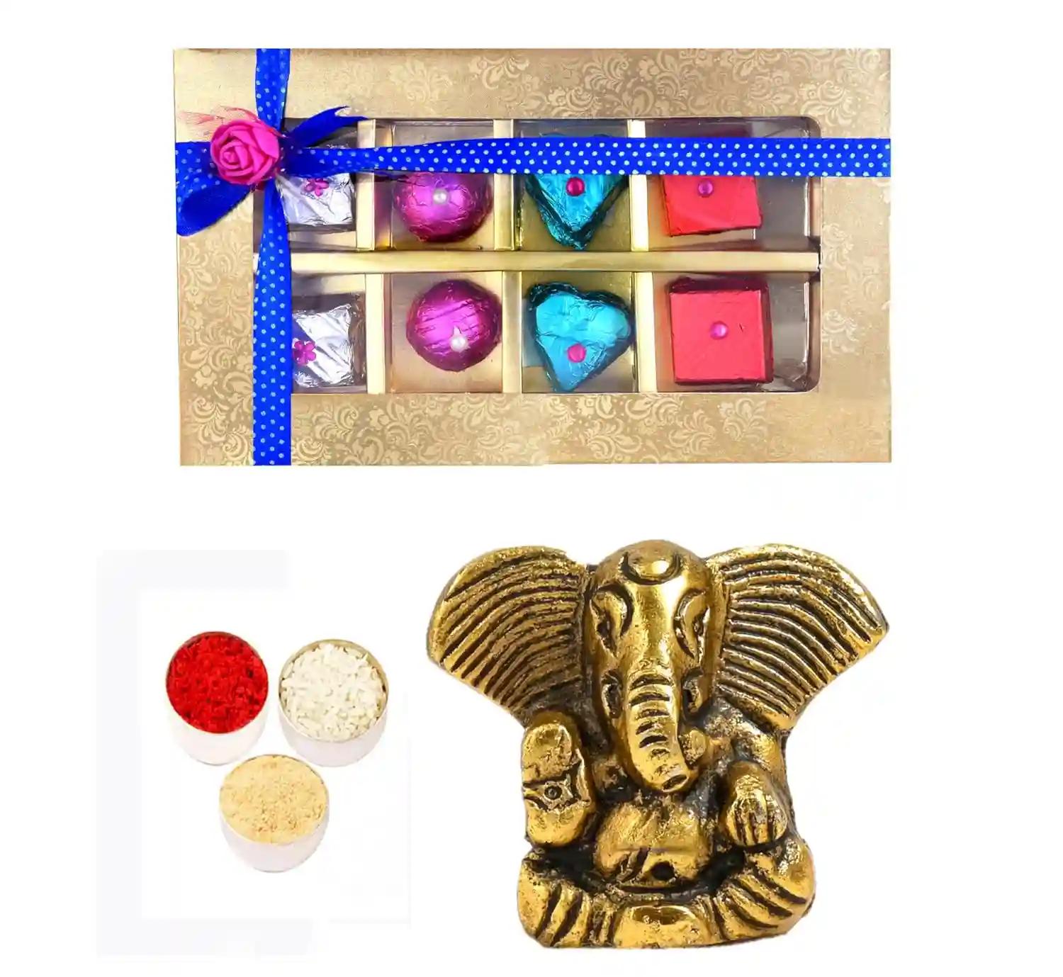 Bhai dooj tika/bhai dooj gift set for brother/bhai dooj tika set/bhai dooj roli chawal set/bhai dooj ke liye thali-Box of fruit and nut chocolate+showpiece figurine+roli chawal chandan