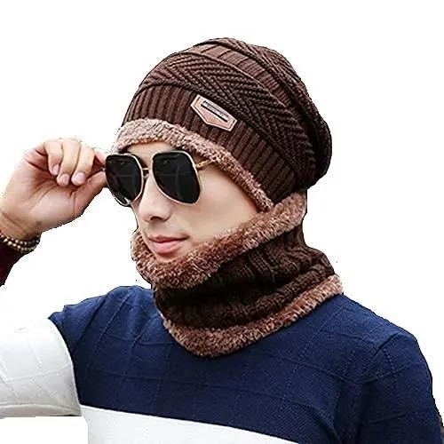 YOUTH ROBE - Premium Brand Knitted Winter Cap & Neck Scarf with fleece,Unisex Beanie Cap with Neck Warmer for Women,Thermal Cap, Fluffy Woolen Cap (set of gloves and cap) Brown