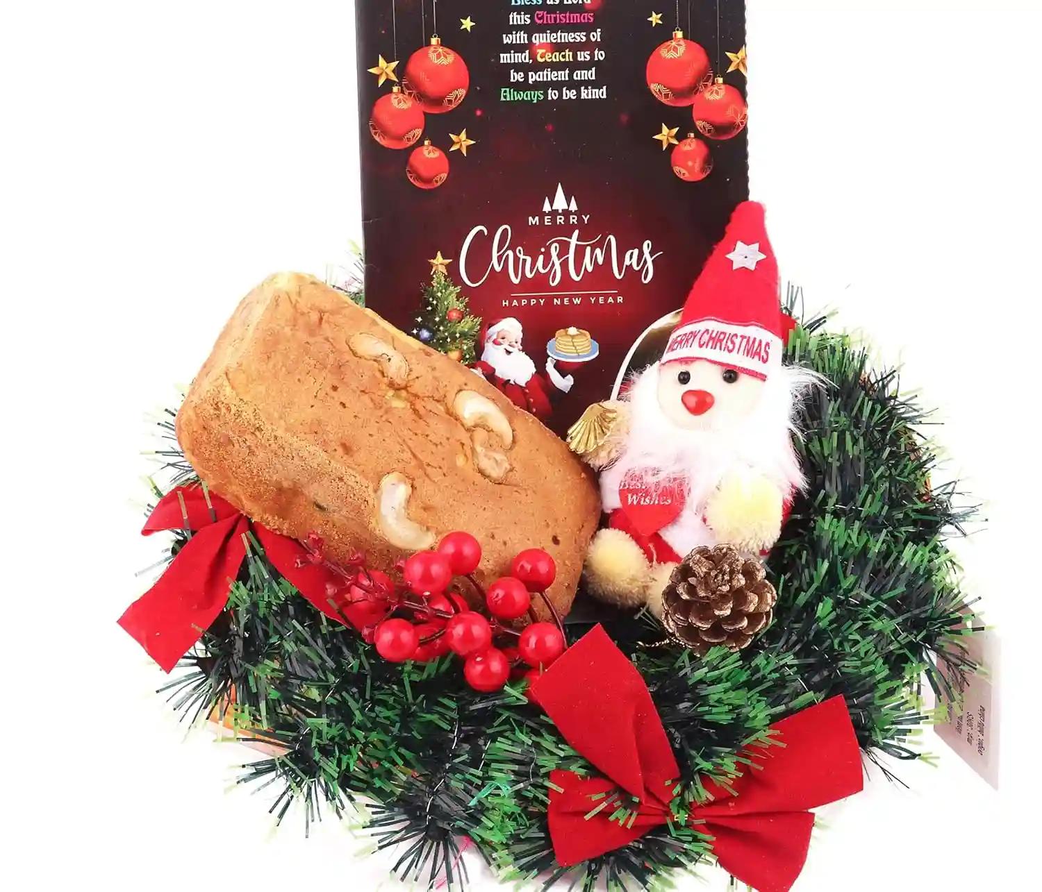 Christmas gift for friends/Christmas gift box/Christmas gifts/Christmas gift hamper/Christmas cake gift-Wreath+Plum cake+Christmas decoration items+Santa clause soft toy+Christmas Greeting Card