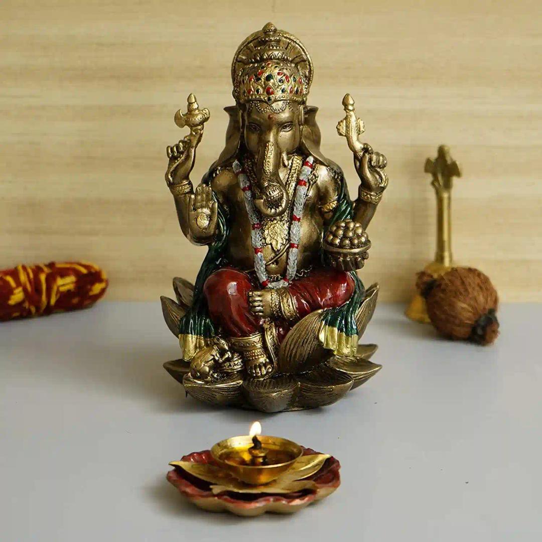 WEBELKART Antique Cold Cast Resin Lord Ganesh Idol, God of Health & Wealth Diwali Gifts Home Décor (Size: 3.00")