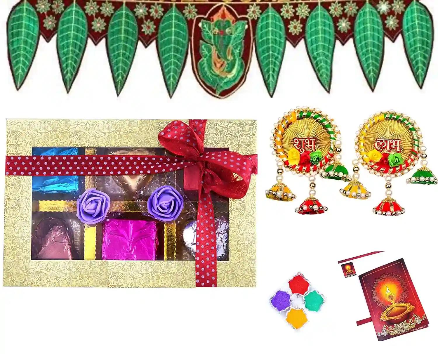 MANTOUSS Diwali Gift Hamper/Chocolate Gift Pack-Handmade choocolate Box+Beautiful Ganesha Toran+Pair of Handmade shubh labh Side Room Hanging+4 Rangoli Colours+Diwali Greeting Card