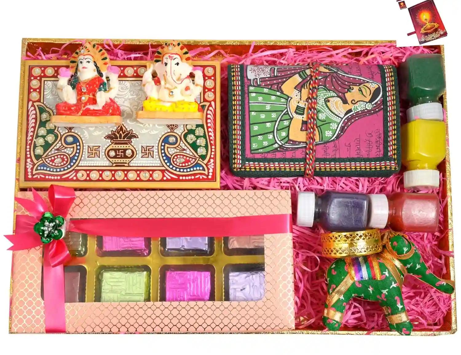 MANTOUSS diwali gifts/diwali gift items/diwali gift hampers/diwali gift box-decorated tray+Showpiece figurine+handmade diary+elephant shaped candle holder+rangoli colours+diwali greeting card