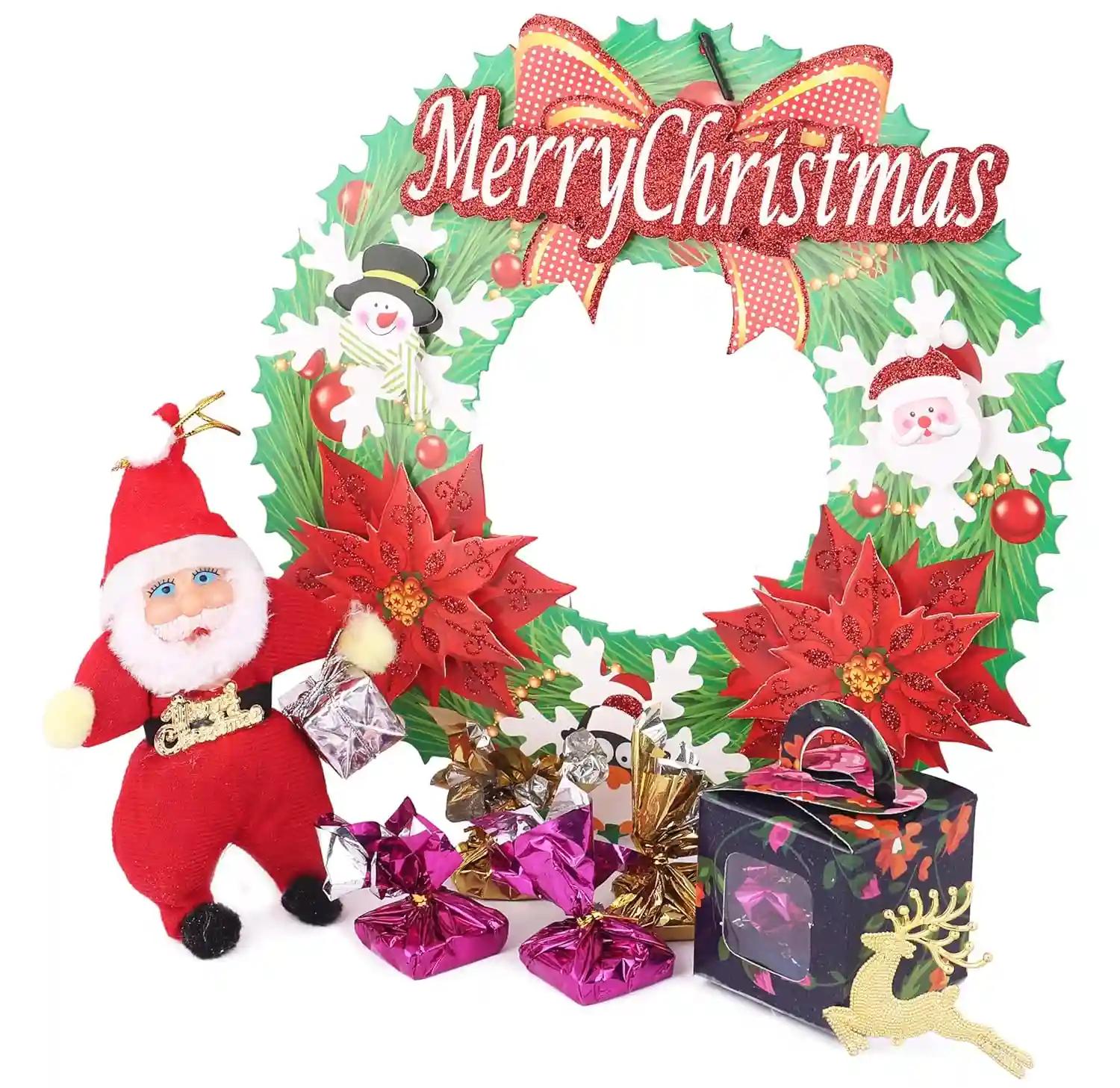 Christmas decoration items/christmas tree decoration/christmas gifts/christmas gift hamper/Christmas hamper-Wreath for front door+Chocolate box+Santa clause soft toy+Christmas greeting card