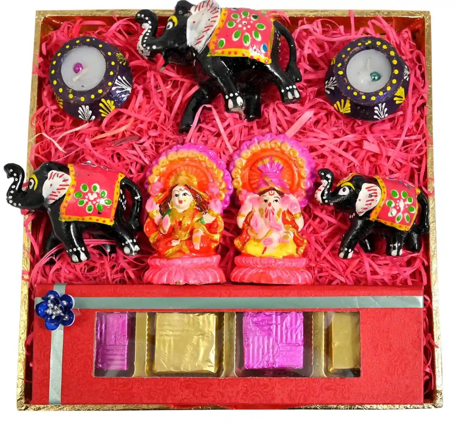 MANTOUSS diwali gift for family/diwali gift pack/diwali gift items-decorated tray+Handcrafted chocolate box+2Matki diya+Set of 3 elephant for decor+Showpiece Figurine+Deepawali Greeting Card