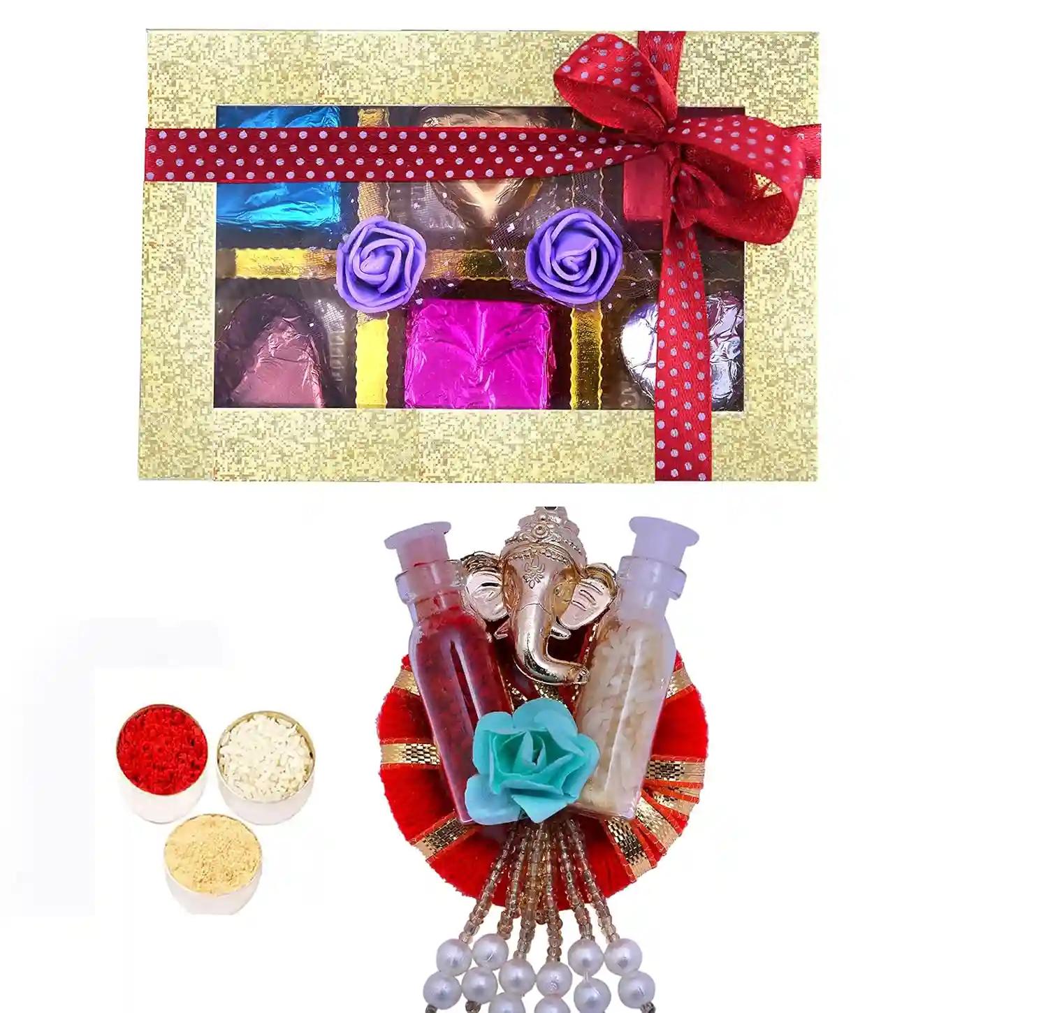 Bhai dooj tika set/bhai dooj gift set for brother/Bhaiya dooj gift for brother/bhaiya dooj roli chawal/bhai dooj gifts for brother-Chocolate box+roli chawal chandan+Roli chawal platter/Pooja Thali