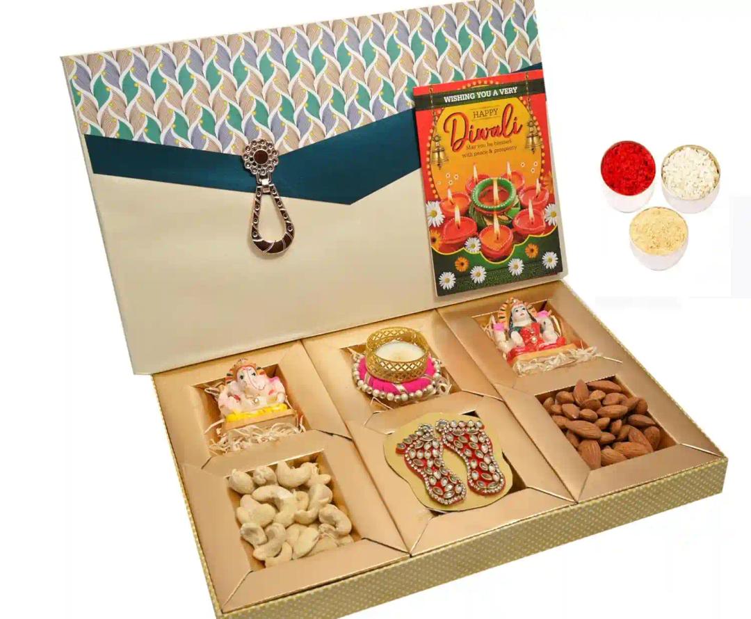 Bhai dooj gift set for brother/bhai dooj tika/bhai dooj gift hamper for brother/bhai dooj gift-almond+cashew+Marble lakshmi ganesh idol+Lakshmi paduka+designer candle holder+roli chawal chandan