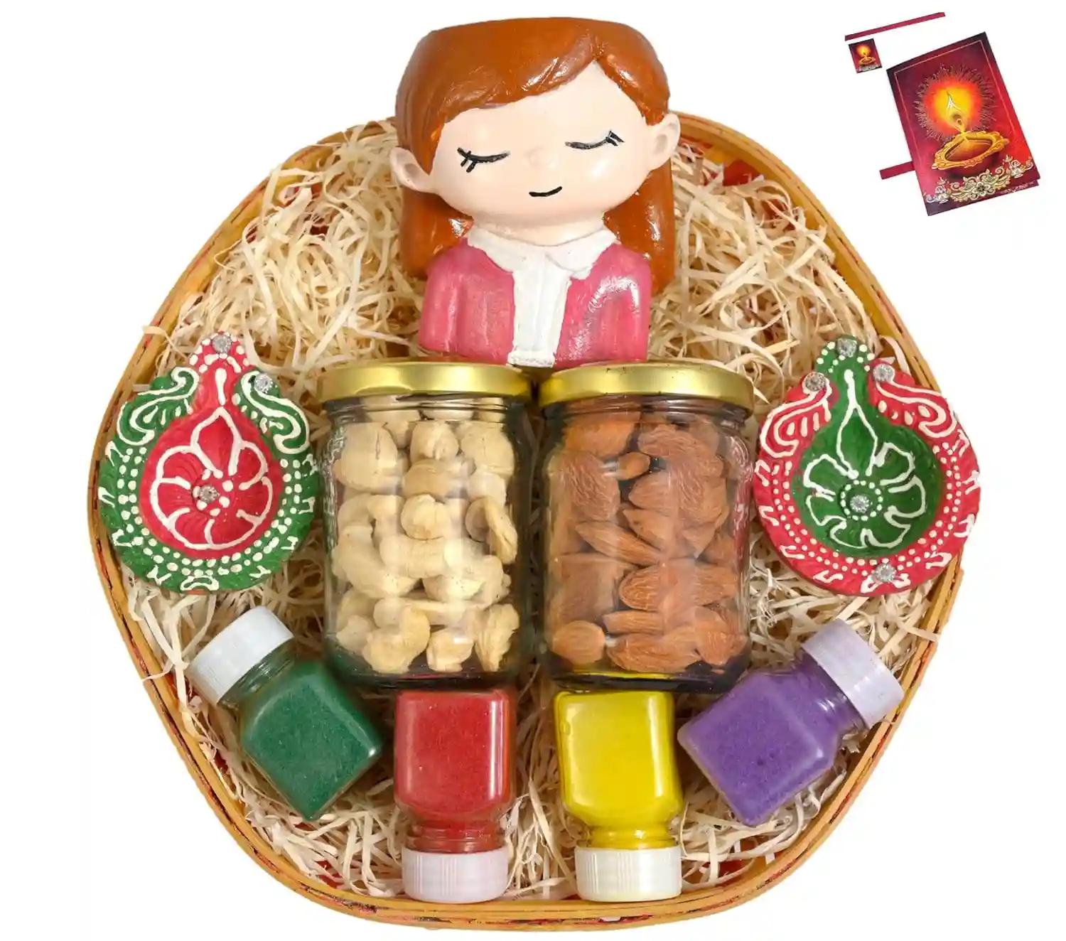 Diwali Dry Fruits Gift Box/Diwali Dry Fruits Tray/Diwali dryfruits Gift Hamper-Decorated Basket+2 Jars of Dry Fruits(Almond and Cashew)+Planter for Decor+2 Decorative Diya+4 Rangoli Colours+Card