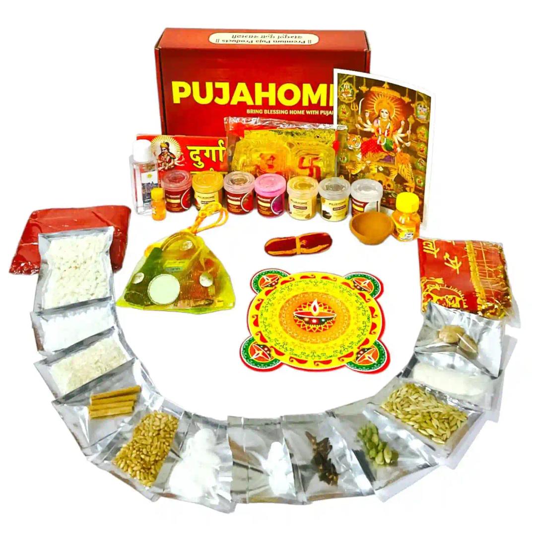 Pujahome Navratri Puja Samagri Kit/Navdurga Puja Kit for Durga Pujan | Navratri Poojan Kit | Ghat sthapna Poojan Kit| Maa Laxmi-Ambe-Durga(15 Items)