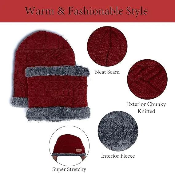 YOUTH ROBE - Premium Brand Knitted Winter Cap & Neck Scarf with fleece,Unisex Beanie Cap with Neck Warmer for Women,Thermal Cap, Fluffy Woolen Cap (set of gloves and cap) Maroon