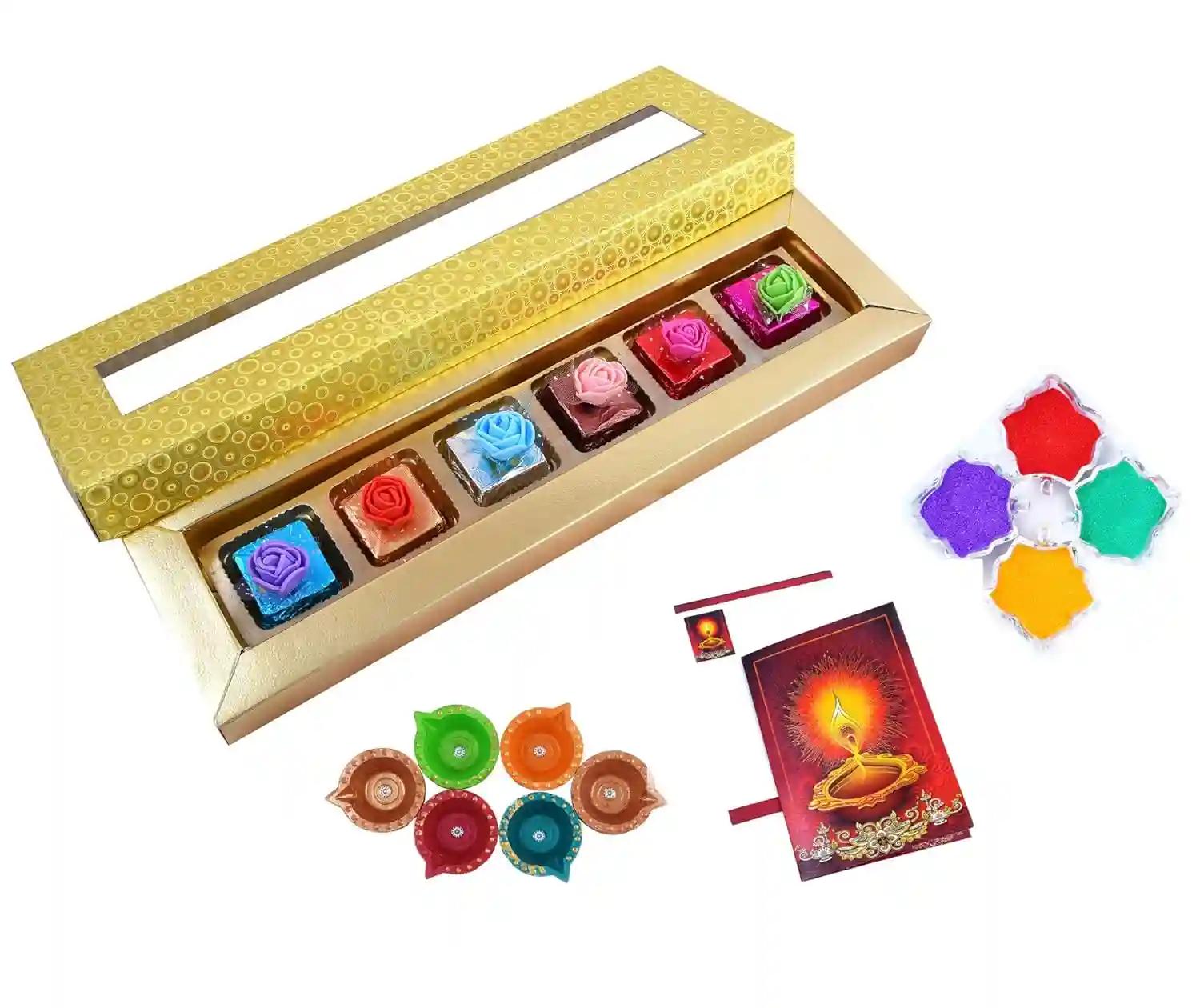 MANTOUSS Deepawali Luxury Chocolate Hamper (Golden) + 2 Cute Diya, Diwali Greeting Card and Rangoli Colours