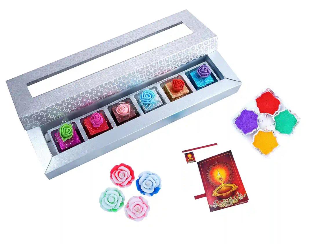 MANTOUSS Deepawali Luxury Chocolate Hamper (Silver) + 2 Floating Diya, Diwali Greeting Card and Rangoli Colours