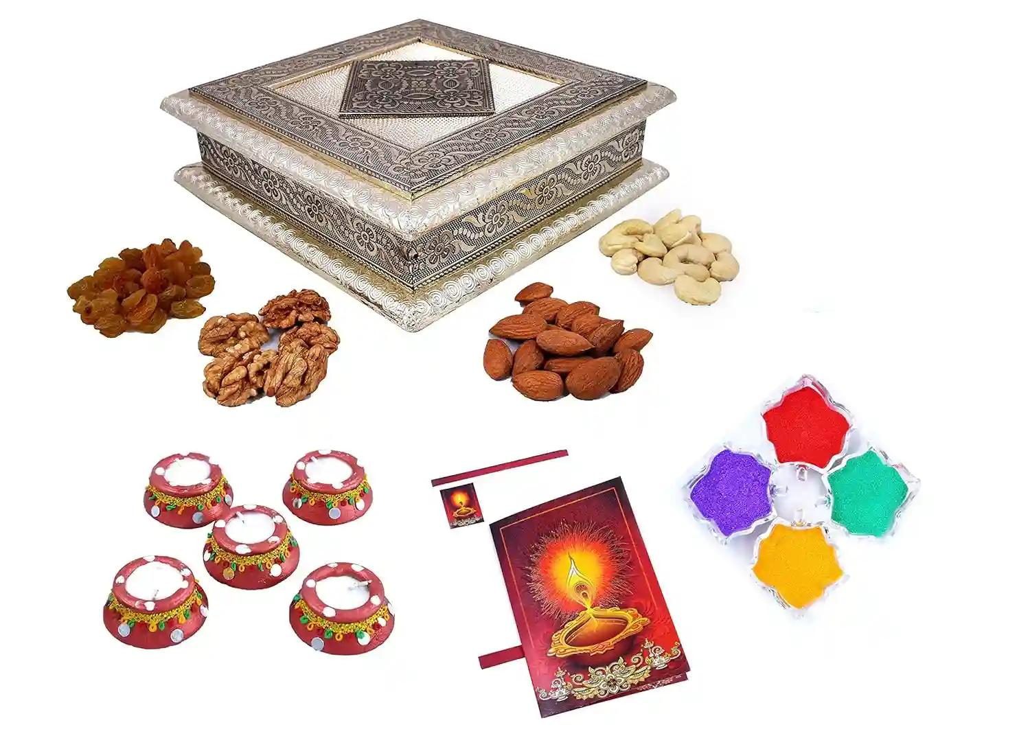 MANTOUSS Diwali Oxidised Dry Fruit Hamper/Pack/Combo-Cashew,Almond,Walnut and Raisin (100gms Each) 400gms + 2 Matki Wax Filled Diya, Diwali Greeting Card and Rangoli Colours