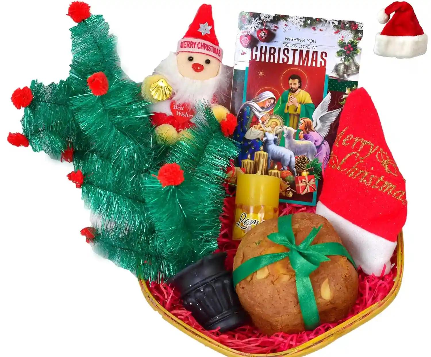 Christmas Gift for Friends/Christmas Gifts/Christmas Gift Hamper/Christmas Cake Gift-Decorated Basket+Eggless 200gms Cake+Christmas Tree+Santa Claus Cap+Scented Candle+Santa Claus Soft Toy+Card