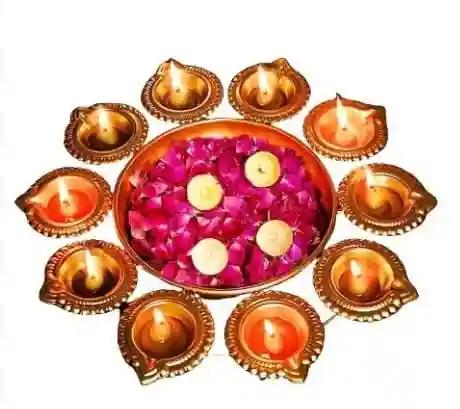 AMASS HANDICRAFTS Diya Shape Flower Decorative Urli for Home Handcrafted Bowl for Floating Flowers,Office Table Decor Diwali Decoration for Home (10 Inches) (Deepak Urli)