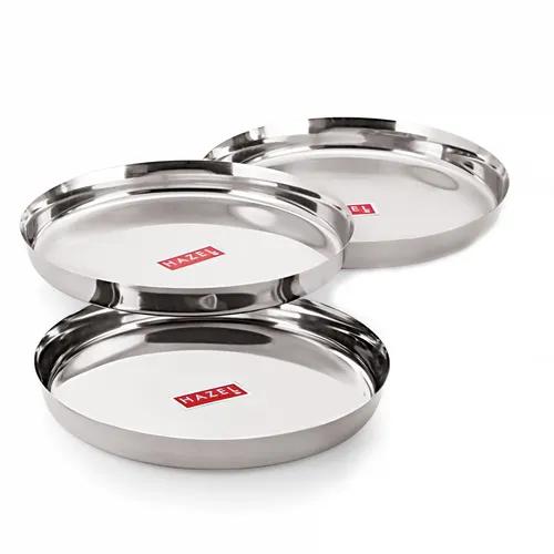 HAZEL Stainless Steel Plates Set | Premium Mirror Finish Thali Set Stainless Steel | Heavy Gauge Steel Plates Set for Dinner & Lunch Set of 3, 28 cm