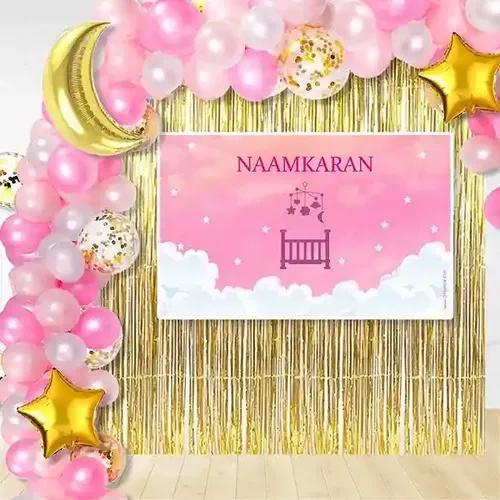 Untumble Pink Naming Ceremony Backdrop Banner Kit For Baby Girl (Pack Of 66 Pcs)