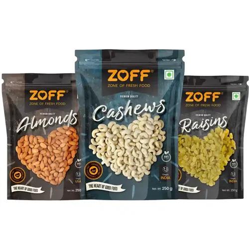 Dry fruit pack of 3 - Zoff Premium Mixed Dry Fruits Combo: Almonds, Cashews, and Raisins - 250g Each | Perfect Diwali and Festival Gifts & Hampers | Net Weight 750g