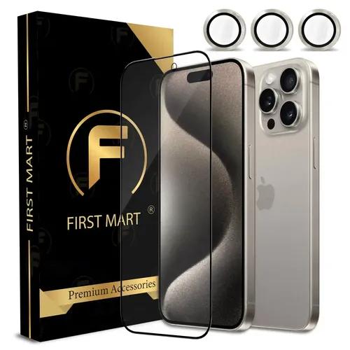 FIRST MART for iPhone 15 Pro Tempered Glass and 1 Set of Individual Natural Titanium Camera Rings Protectors, 2.5D Curved Edges, Full-Coverage Military-Grade Protection, Scratch Resistant