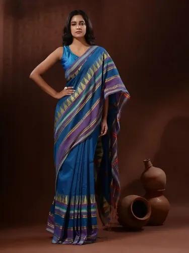 Jamdani Cotton Temple Check Border Handloom Saree - Royal Blue