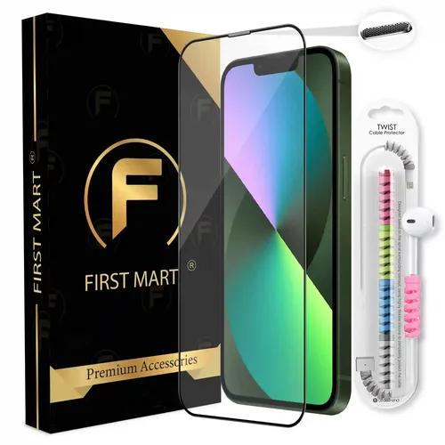 FIRST MART Premium Tempered Glass for iPhone 13 / iPhone 14/13 Pro Edge to Edge Screen Coverage, Speaker Mesh Dust Filter & Cable Protector with Easy Installation Kit