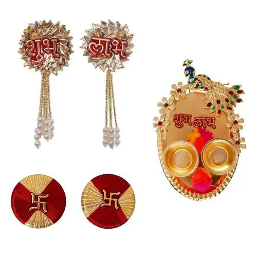 WEBELKART Premium Combo of Designer Shubh Labh Wall Hanging, Swastika and Peacock Meenakari Pooja thali for Wall, Door, Diwali Decor