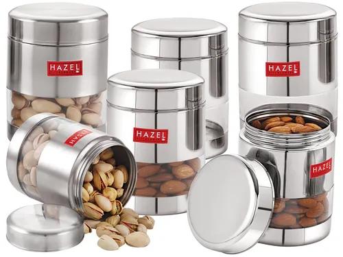 HAZEL Stainless Steel Masala Container I Set of 6 Transparent Masala Boxes for Kitchen I See Through Air Tight Container with 400 ml Capacity I Silver Color Box with Glossy Finish