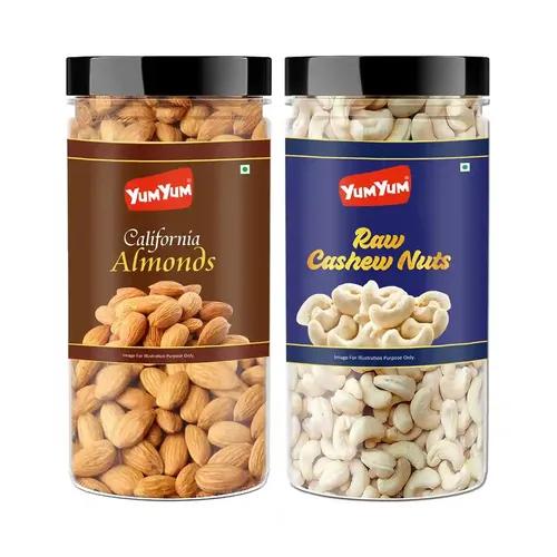 YUM YUM Premium Dry Fruits Combo Pack of 2 | California Almonds 500g, Whole Raw W240 Cashew Nut 500g | Total 1 Kg | Healthy Dry Fruits Snacks | Kaju, Badam Dry Combo