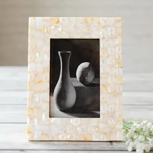 Behoma Wood Elegant Mother Of Pearl Handcrafted Rectangular Picture Photo Frame | Decorative Photo Frame For Living Room, Home & Office Décor, Gifting Ideas (Off White, 4x6 Inches)