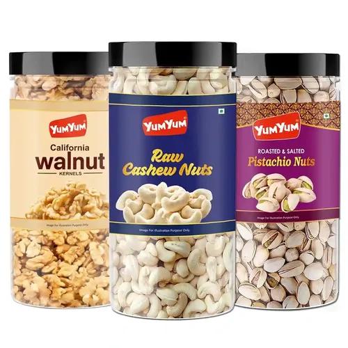 YUM YUM Premium Dry Fruits Combo Pack of 3 | Whole Raw Cashew Nut 500g, Roasted Salted Pistachios Nut 500g,Walnut Kernels 350g| Total 1350g | Healthy Dry Fruits Snacks | Badam, Pista,Akhrot Giri Dry fruit Combo