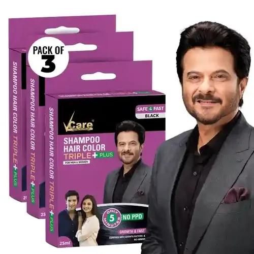 VCare Shampoo Hair Color - Black (25ml)|Colors and deeply nourishes your hair|Colours hair in minutes|Enriched with growth factors & antioxidants, Ammonia free, Sulphate free (pack of 3)