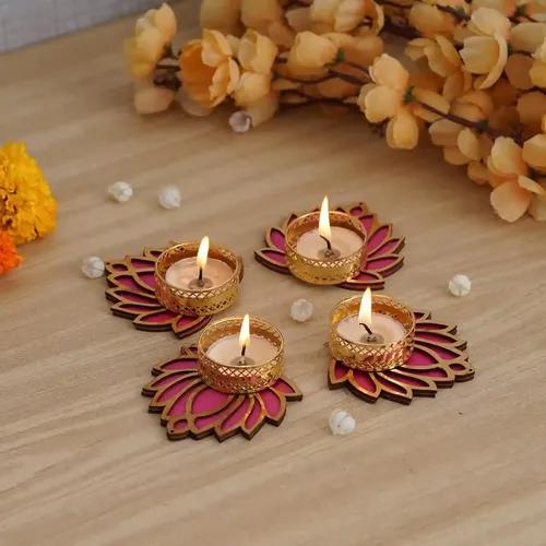 WEBELKART Set of 4 Lotus Shape Tealight Candle Holder for Home and Office Decor | tealight Candle Holder for Diwali and Christmas Decorations | Diwali Candles for Decorations| (Pack of 4, 3 Inches)