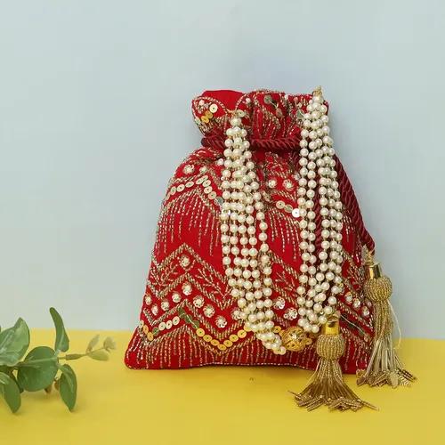 Evening Heavy Embroidery Potli Bag For Women - Red