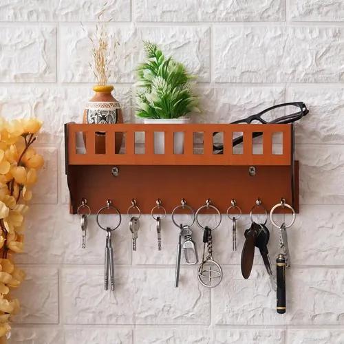 WEBELKART Premium Wooden Key Chain Wall Hanging Key Holder Diwali Decorations Items for Home Decor Key Hanger with Showpiece Stand (9 Hook- Wood), Home Decor Items for Wall