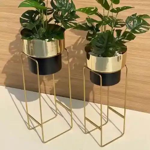 AMASS HANDICRAFTS Indoor Modern Metal Floor Flowers Stands for Living Room Balcony Bedroom Display Outdoor Tall Plants Stand with Planter Pots -Set of 2 (Gold & Black)