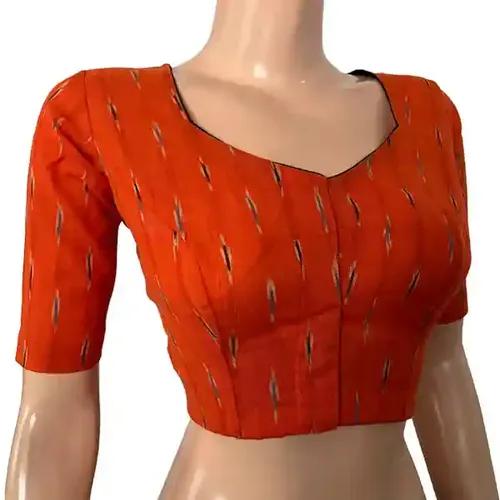 Ikat Cotton Sweetheart neck Blouse - Orange S