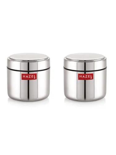 HAZEL Stainless Steel Masala Container Dabbi | Set of 2 Small Container for Spices | Heavy Gauge Airtight Masala Boxes for Kitchen | 400 ml, Silver